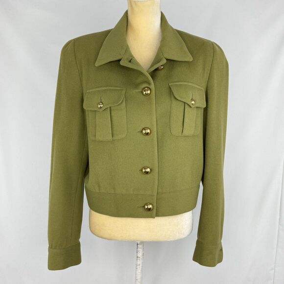 Vintage Olive Green Wool Blend Cropped Jacket Women’s Sz 8 Gold Button Military - Picture 2 of 16
